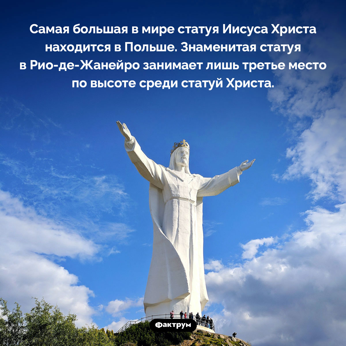 Самая большая статуя Иисуса Христа. Самая большая в мире статуя Иисуса Христа находится в Польше. Знаменитая статуя в Рио-де-Жанейро занимает лишь третье место по высоте среди статуй Христа.