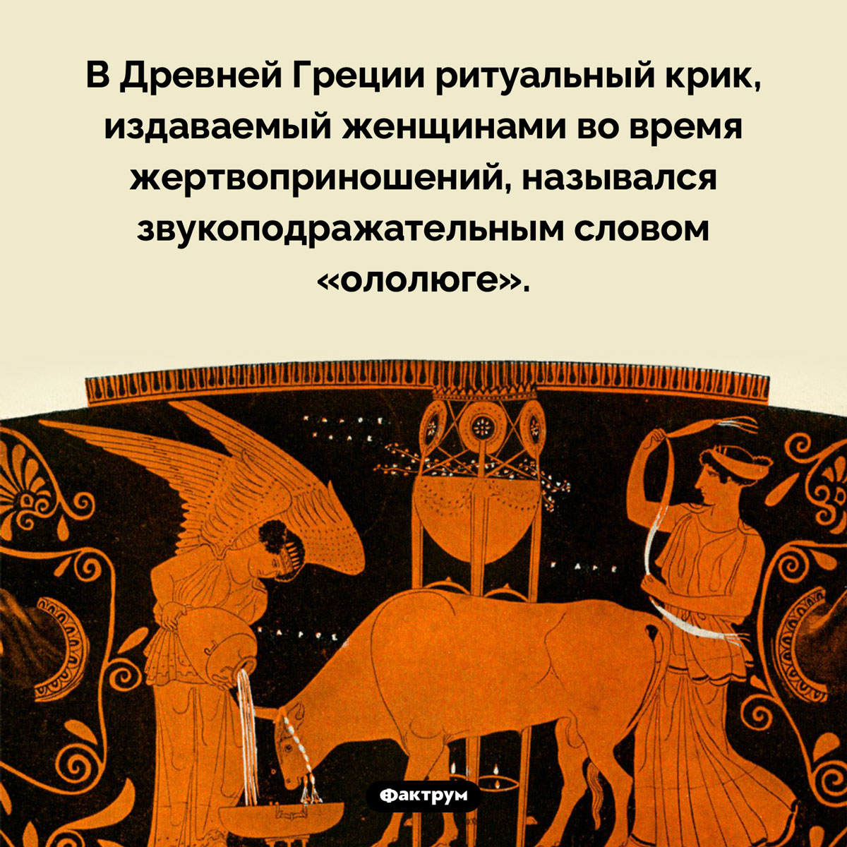 «Ололюге!». В Древней Греции ритуальный крик, издаваемый женщинами во время жертвоприношений, назывался звукоподражательным словом «ололюге».