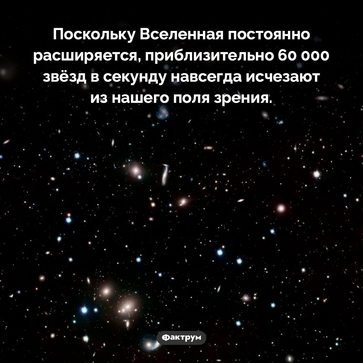 Мы теряем из поля зрения по 60 000 звёзд в секунду. Поскольку Вселенная постоянно расширяется, приблизительно 60 000 звёзд в секунду навсегда исчезают из нашего поля зрения.