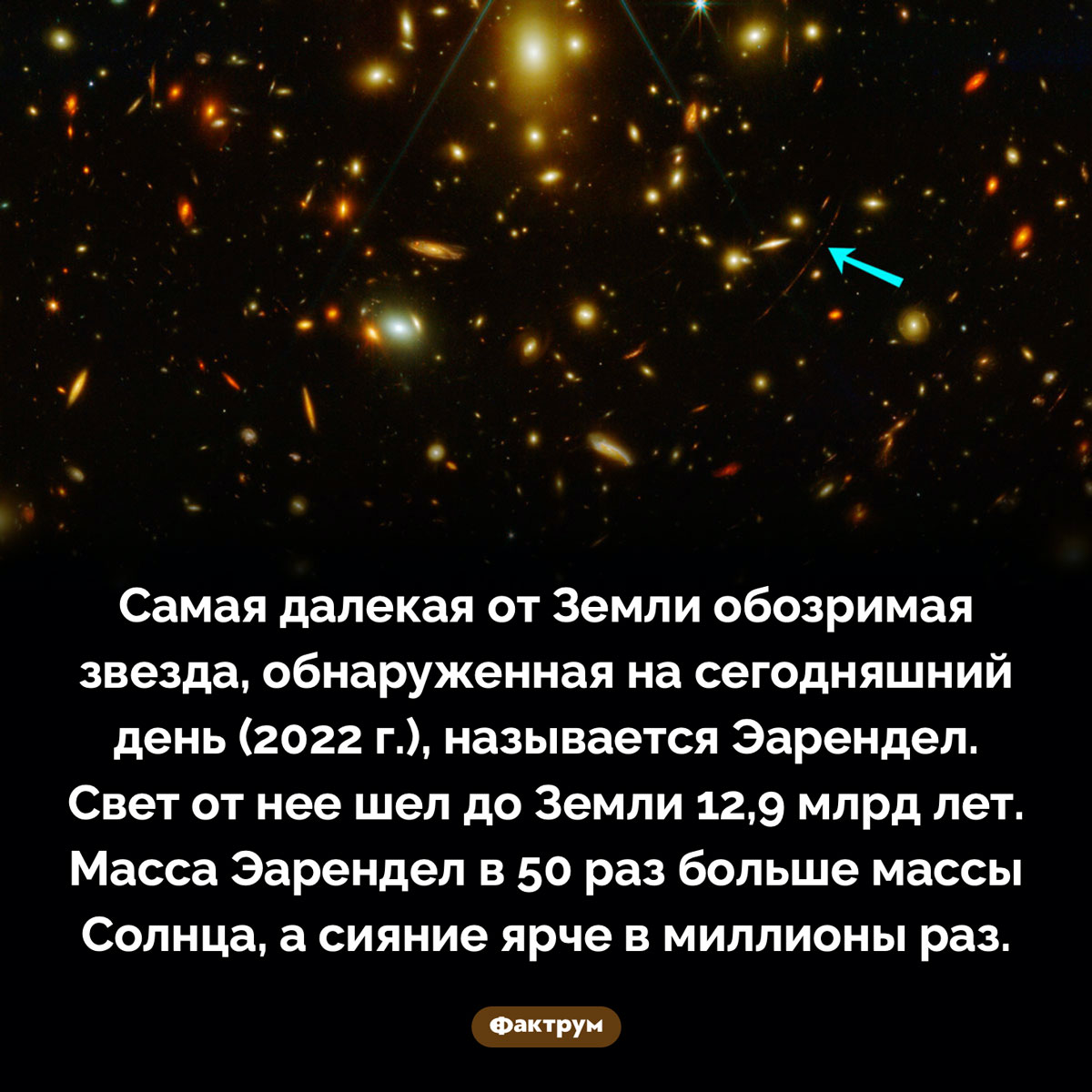 Самая далекая звезда. Самая далекая от Земли обозримая звезда, обнаруженная на сегодняшний день (2022 г.), называется Эарендел. Свет от нее шел до Земли 12,9 млрд лет. Масса Эарендел в 50 раз больше массы Солнца, а сияние ярче в миллионы раз.