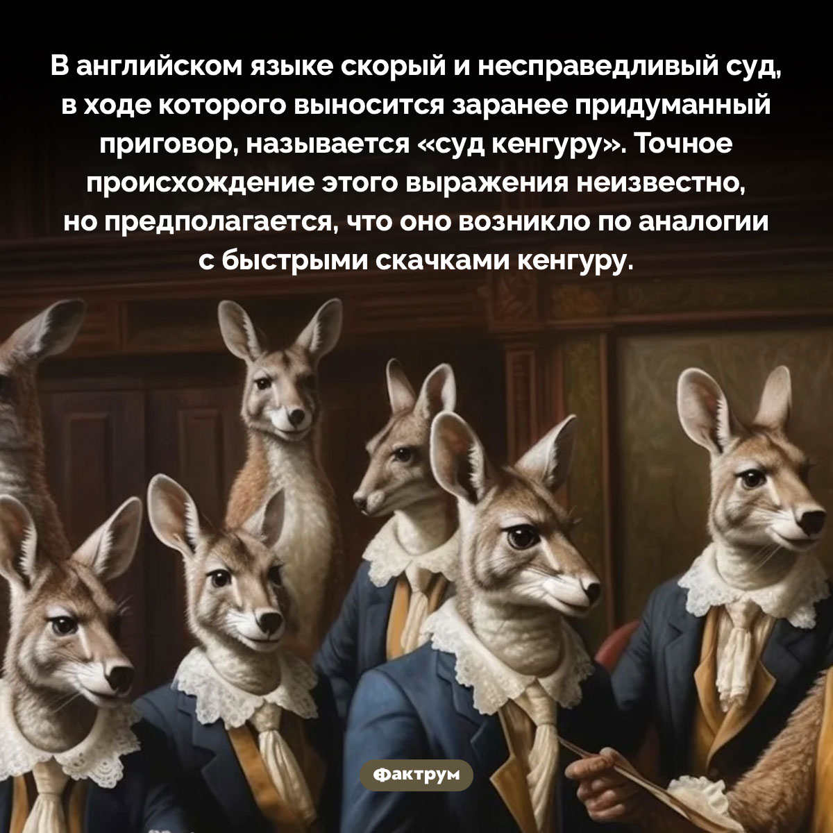 «Суд кенгуру» — это несправедливый суд с заранее придуманным приговором. В английском языке скорый и несправедливый суд, в ходе которого выносится заранее придуманный приговор, называется «суд кенгуру». Точное происхождение этого выражения неизвестно, но предполагается, что оно возникло по аналогии с быстрыми скачками кенгуру.