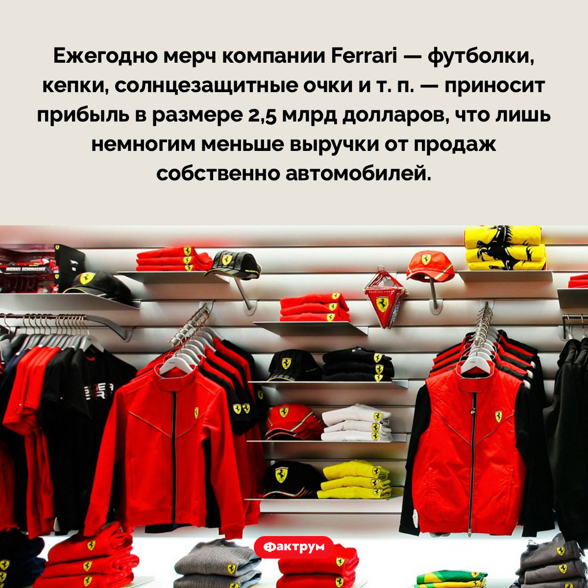 Продажа мерча приносит компании Ferrari почти столько же денег, сколько и машины. Ежегодно мерч компании Ferrari — футболки, кепки, солнцезащитные очки и т. п. — приносит прибыль в размере 2,5 млрд долларов, что лишь немногим меньше выручки от продаж собственно автомобилей.