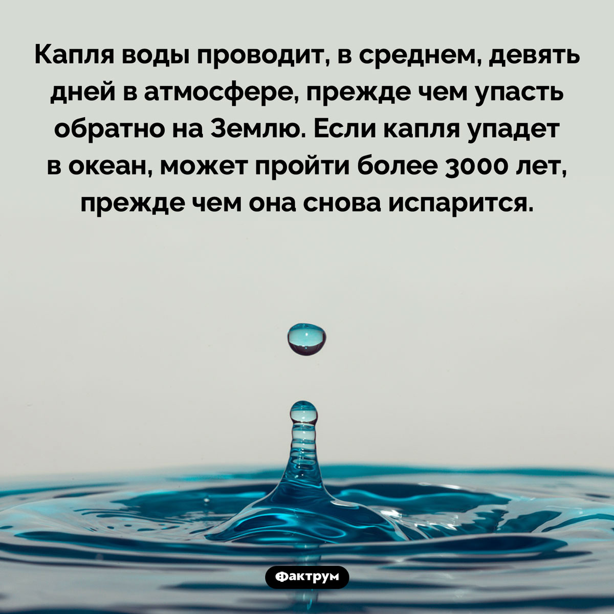 Сколько капля воды проводит в атмосфере. Капля воды проводит, в среднем, девять дней в атмосфере, прежде чем упасть обратно на Землю. Если капля упадет в океан, может пройти более 3000 лет, прежде чем она снова испарится.