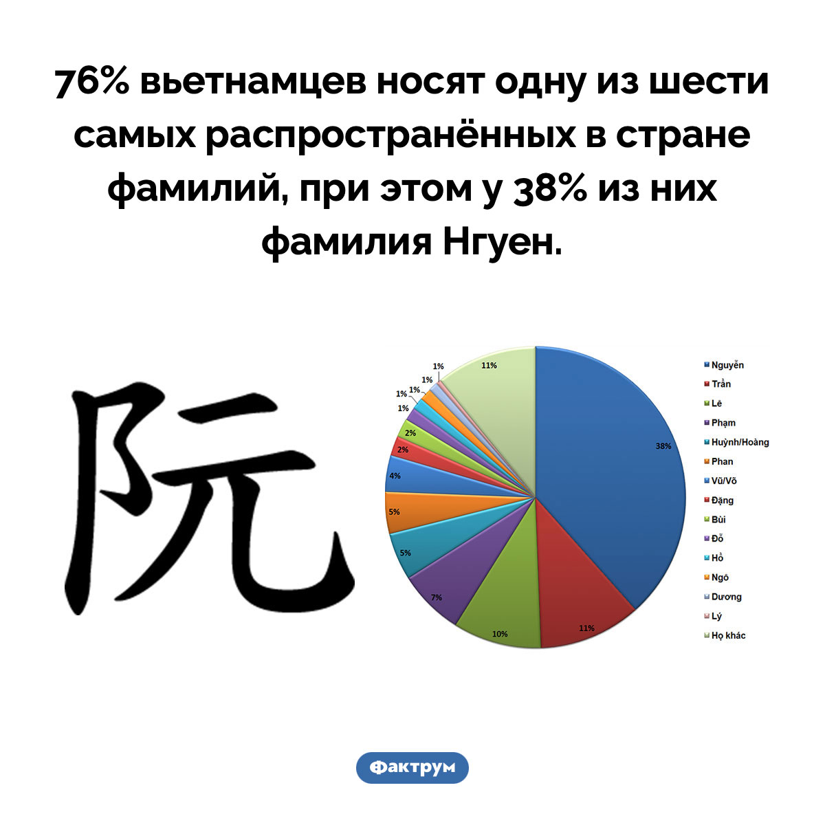 Во Вьетнаме всего шесть распространённых фамилий. 76% вьетнамцев носят одну из шести самых распространённых в стране фамилий, при этом у 38% из них фамилия Нгуен.