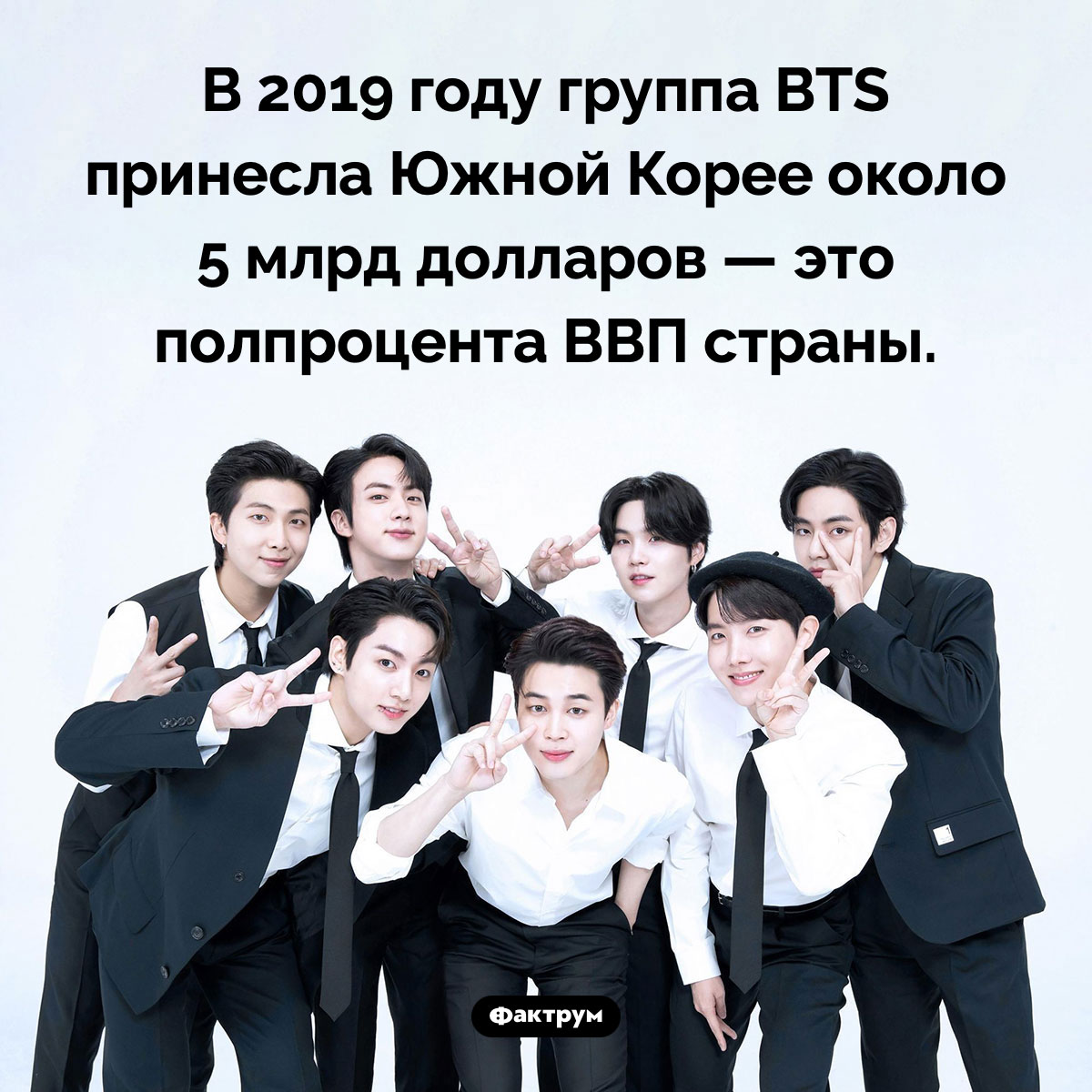 BTS двигает южнокорейскую экономику. В 2019 году группа BTS принесла Южной Корее около 5 млрд долларов — это полпроцента ВВП страны.