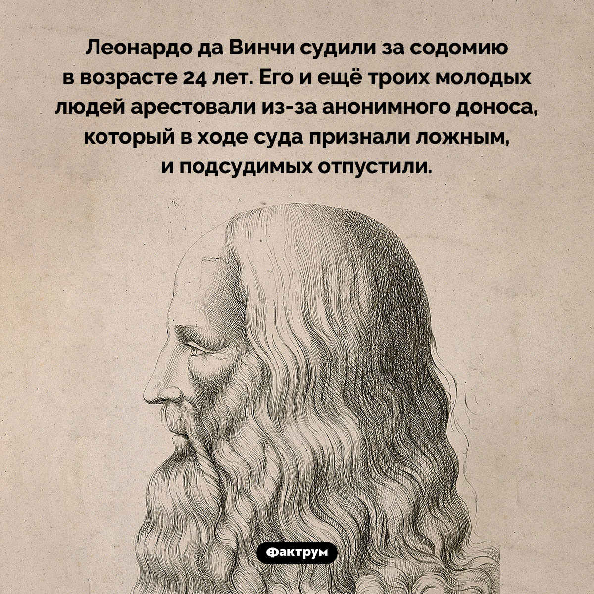 Леонардо да Винчи судили за содомию. Леонардо да Винчи судили за содомию в возрасте 24 лет. Его и ещё троих молодых людей арестовали из-за анонимного доноса, который в ходе суда признали ложным, и подсудимых отпустили.