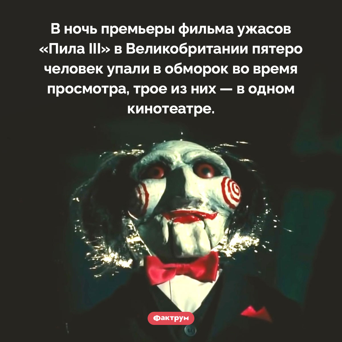 Просмотр фильма «Пила III» может довести до обморока. В ночь премьеры фильма ужасов «Пила III» в Великобритании пятеро человек упали в обморок во время просмотра, трое из них — в одном кинотеатре.