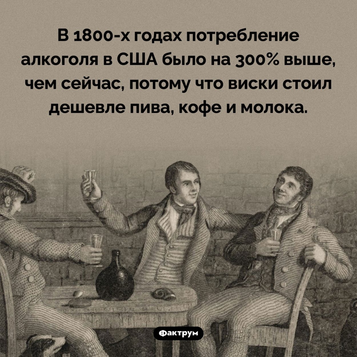 В 19 веке виски в США стоил дешевле пива. В 1800-х годах потребление алкоголя в США было на 300% выше, чем сейчас, потому что виски стоил дешевле пива, кофе и молока.