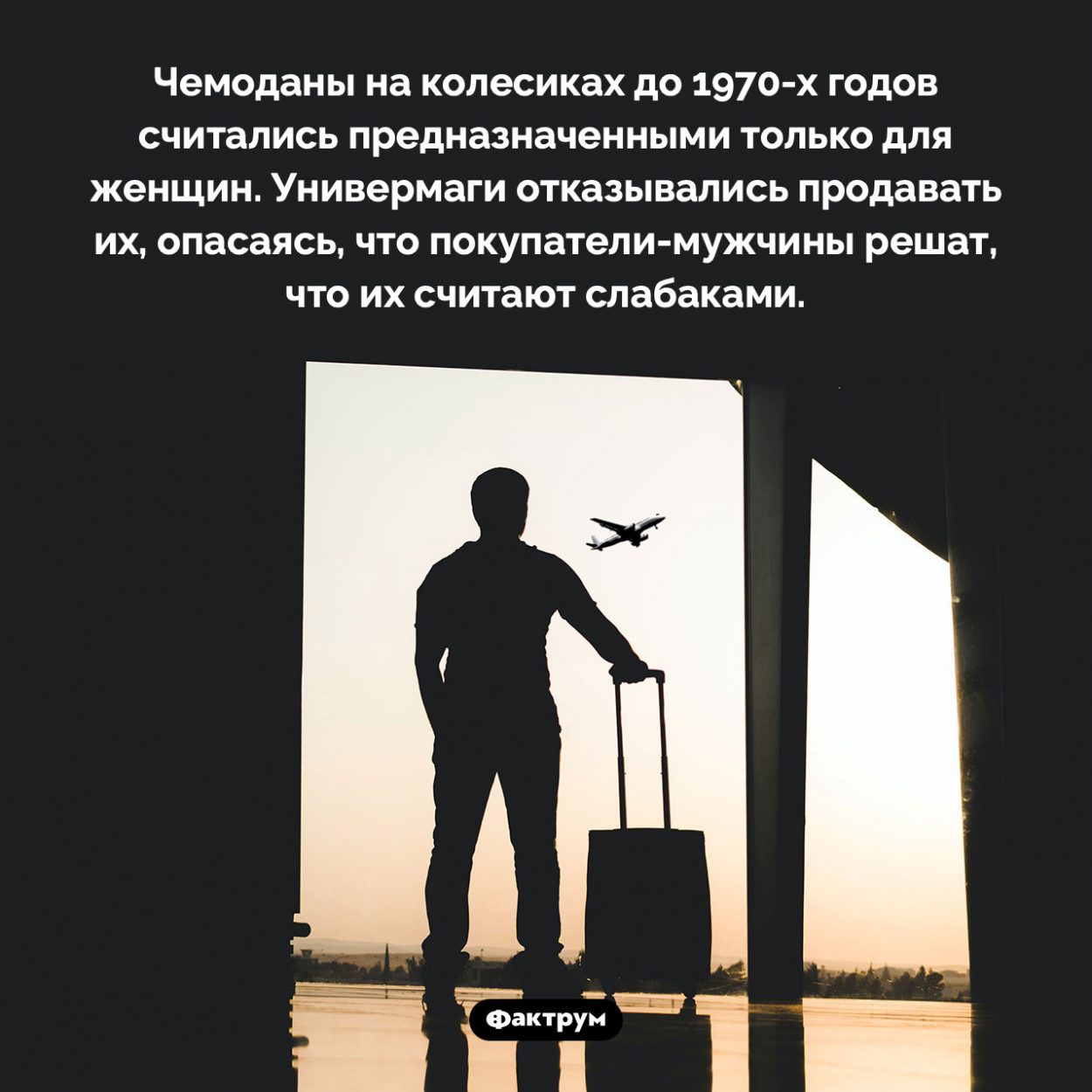 Чемоданы «для слабаков». Чемоданы на колесиках до 1970-х годов считались предназначенными только для женщин. Универмаги отказывались продавать их, опасаясь, что покупатели-мужчины решат, что их считают слабаками.