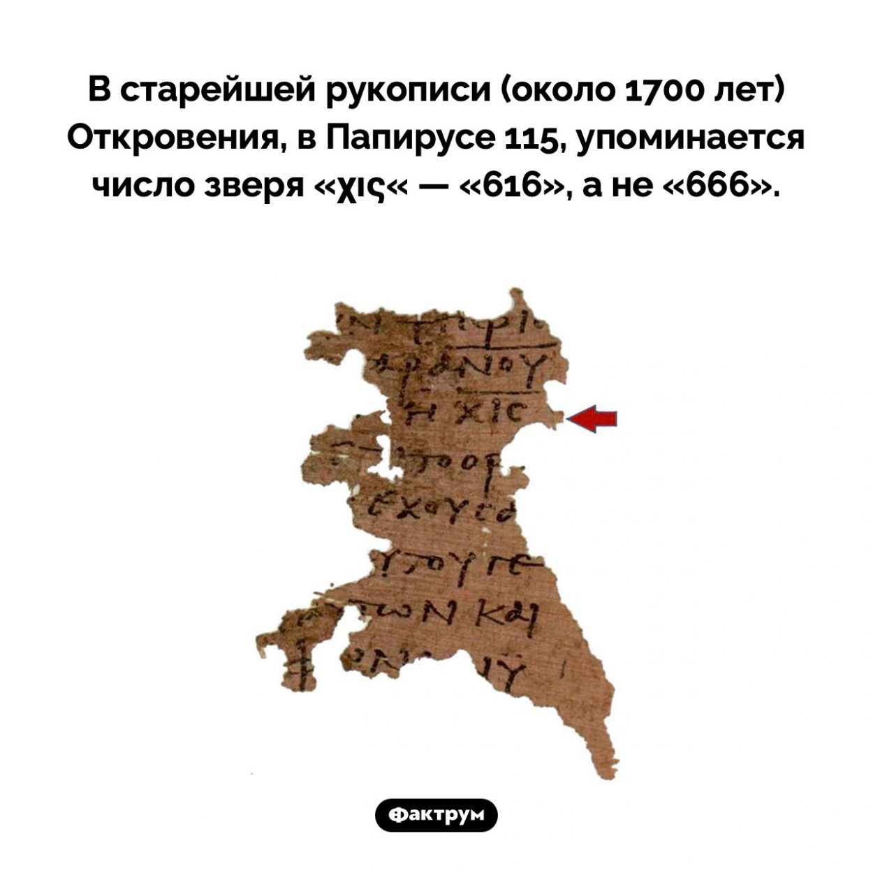 Число зверя в стрейшей рукописи Откровения. В старейшей рукописи (около 1700 лет) Откровения, в Папирусе 115, упоминается число зверя «χις« — «616», а не «666».