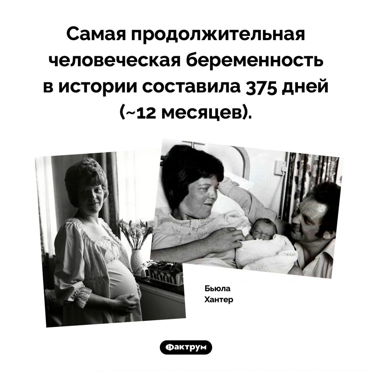 Самая продолжительная беременность. Самая продолжительная человеческая беременность в истории составила 375 дней (~12 месяцев).