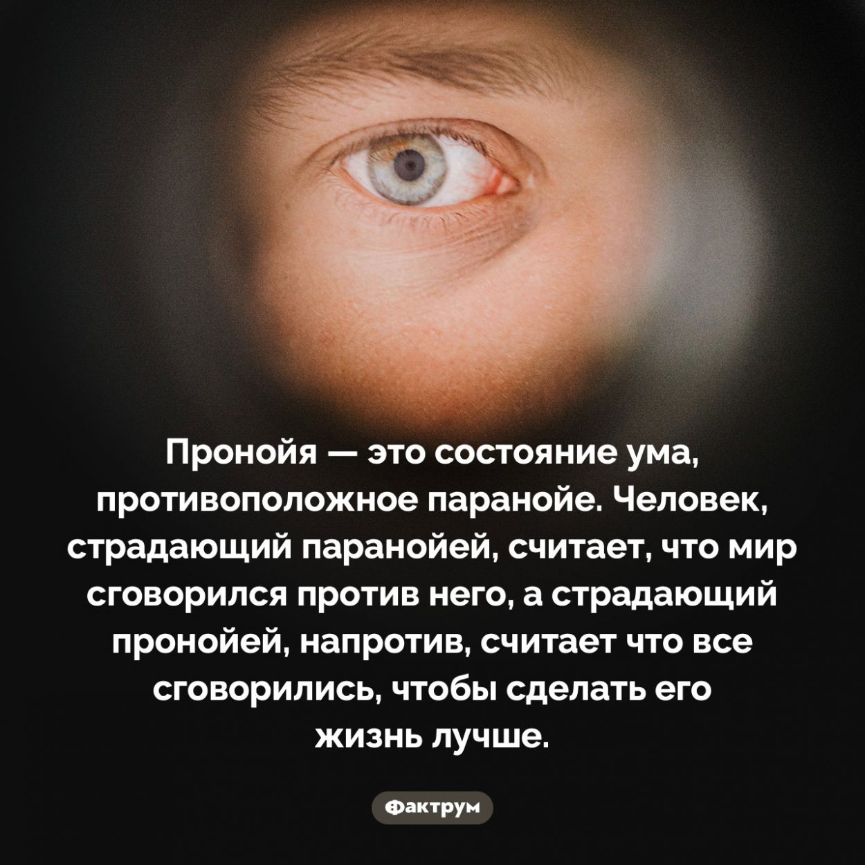 Что такое «пронойя». Пронойя — это состояние ума, противоположное паранойе. Человек, страдающий паранойей, считает, что мир сговорился против него, а страдающий пронойей, напротив, считает что все сговорились, чтобы сделать его жизнь лучше.