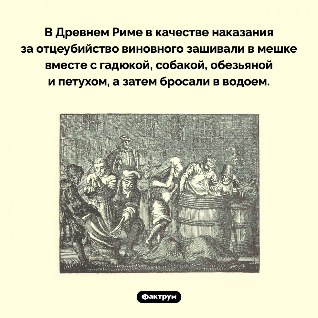 Наказание за убийство отца в Древнем Риме. В Древнем Риме в качестве наказания за отцеубийство виновного зашивали в мешке вместе с гадюкой, собакой, обезьяной и петухом, а затем бросали в водоем.