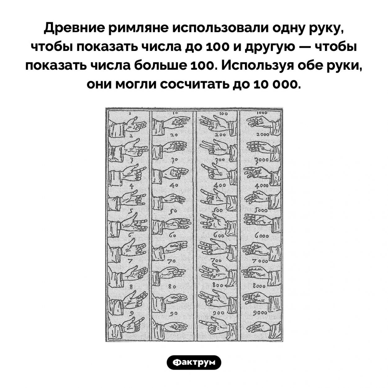 Древнеримский счёт на пальцах. Древние римляне использовали одну руку, чтобы показать числа до 100 и другую — чтобы показать числа больше 100. Используя обе руки, они могли сосчитать до 10 000.