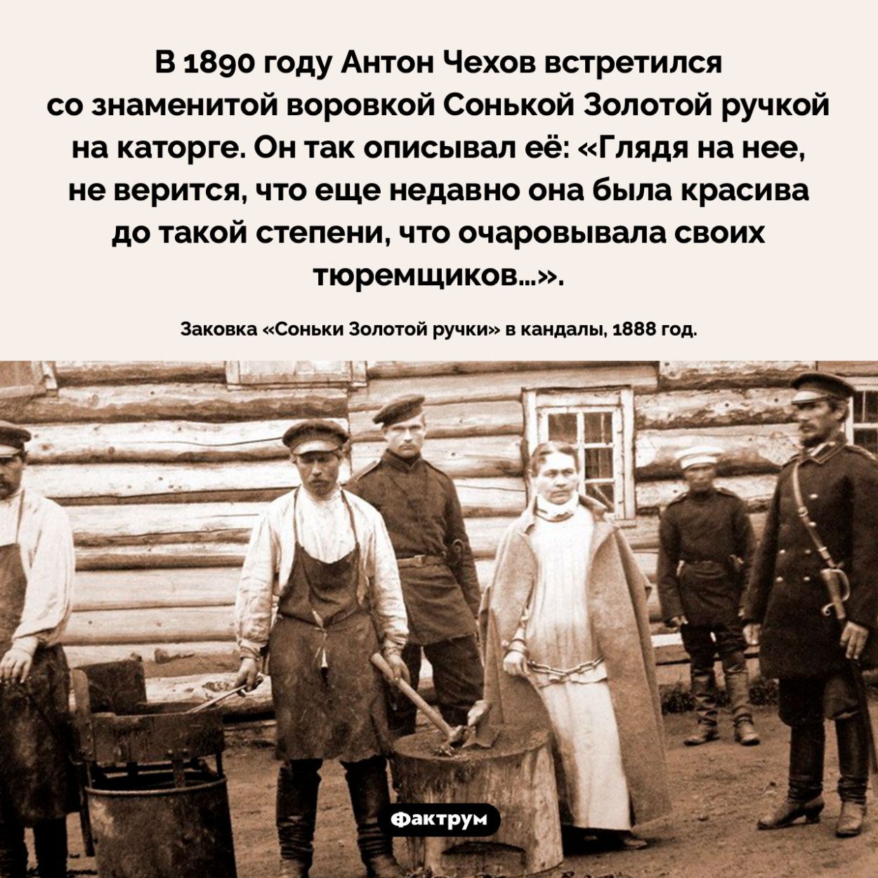 Как выглядела Сонька Золотая ручка. В 1890 году Антон Чехов встретился со знаменитой воровкой Сонькой Золотой ручкой на каторге. Он так описывал её: «Глядя на нее, не верится, что еще недавно она была красива до такой степени, что очаровывала своих тюремщиков…».