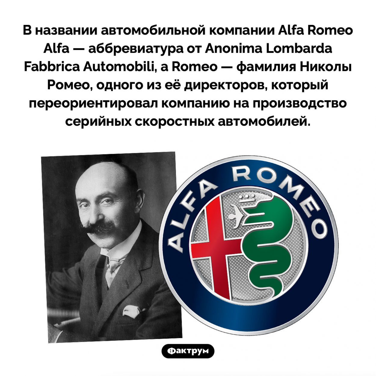 Происхождение названия компании Alfa Romeo. В названии автомобильной компании Alfa Romeo Alfa — аббревиатура от Anonima Lombarda Fabbrica Automobili, а Romeo — фамилия Николы Ромео, одного из её директоров, который переориентировал компанию на производство серийных скоростных автомобилей.
