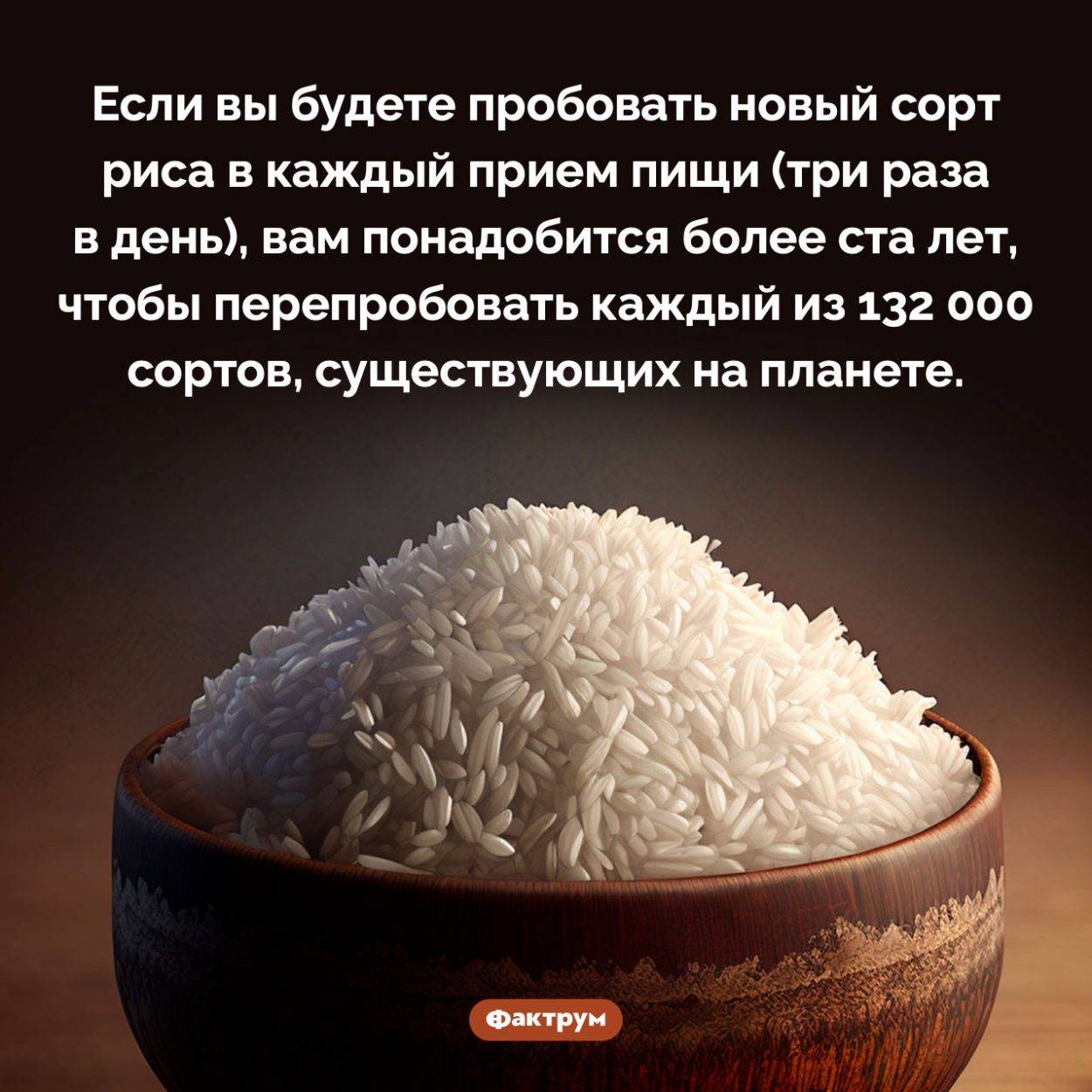 Сколько существует сортов риса. Если вы будете пробовать новый сорт риса в каждый прием пищи (три раза в день), вам понадобится более ста лет, чтобы перепробовать каждый из 132 000 сортов, существующих на планете.