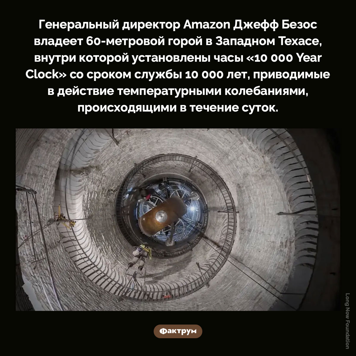 10000-летние часы Джеффа Безоса. Генеральный директор Amazon Джефф Безос владеет 60-метровой горой в Западном Техасе, внутри которой установлены часы «10 000 Year Clock» со сроком службы 10 000 лет, приводимые в действие температурными колебаниями, происходящими в течение суток.