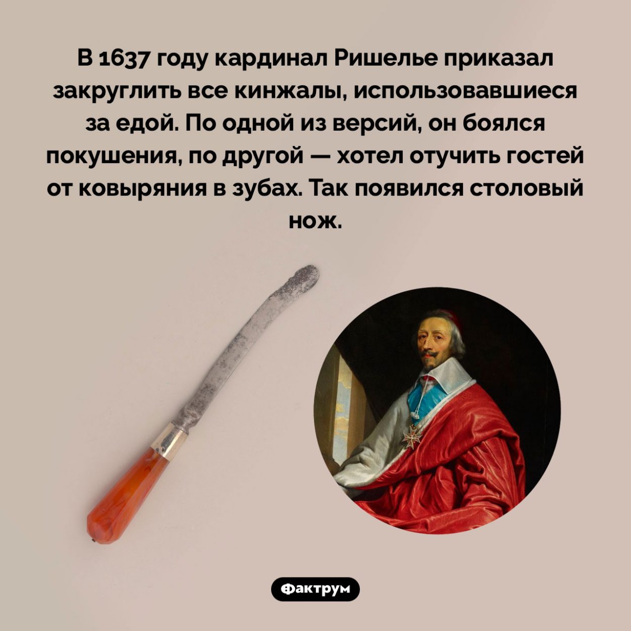 Как появился столовый нож. В 1637 году кардинал Ришелье приказал закруглить все кинжалы, использовавшиеся за едой. По одной из версий, он боялся покушения, по другой — хотел отучить гостей от ковыряния в зубах. Так появился столовый нож.