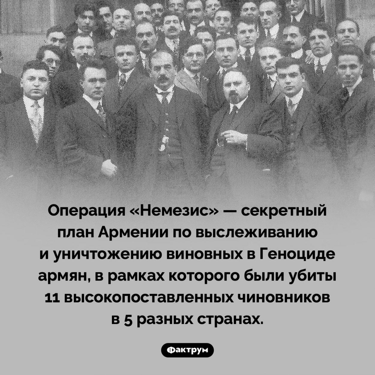 Операция «Немезис». Операция «Немезис» — секретный план Армении по выслеживанию и уничтожению виновных в Геноциде армян, в рамках которого были убиты 11 высокопоставленных чиновников в 5 разных странах.