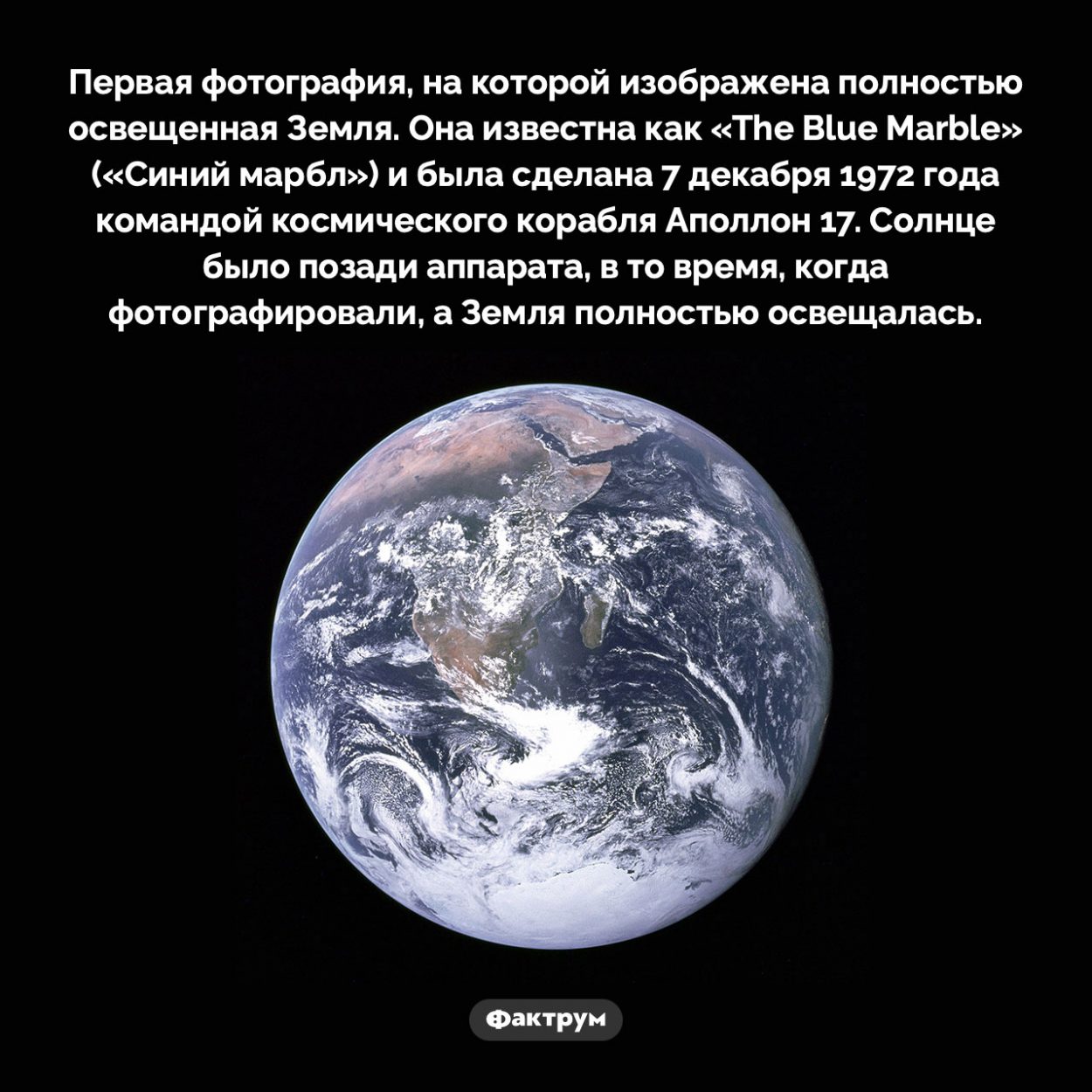 Синий марбл. Первая фотография, на которой изображена полностью освещенная Земля. Она известна как «The Blue Marble» («Синий марбл») и была сделана 7 декабря 1972 года командой космического корабля Аполлон 17. Солнце было позади аппарата, в то время, когда фотографировали, а Земля полностью освещалась.