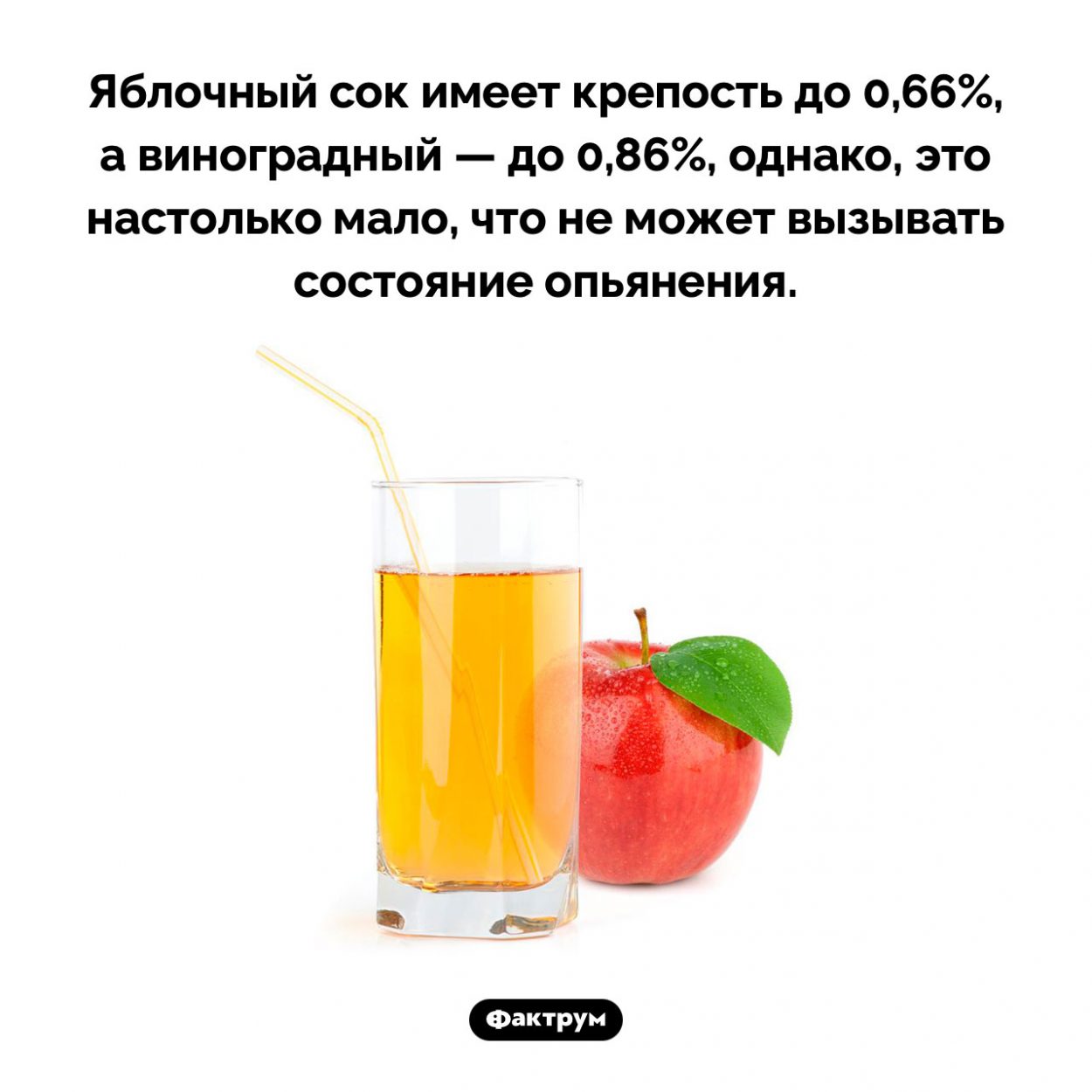 Сколько алкоголя содержится в соках. Яблочный сок имеет крепость до 0,66%, а виноградный — до 0,86%, однако, это настолько мало, что не может вызывать состояние опьянения.