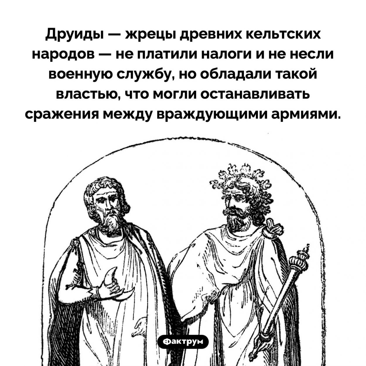 Власть друидов. Друиды — жрецы древних кельтских народов — не платили налоги и не несли военную службу, но обладали такой властью, что могли останавливать сражения между враждующими армиями.