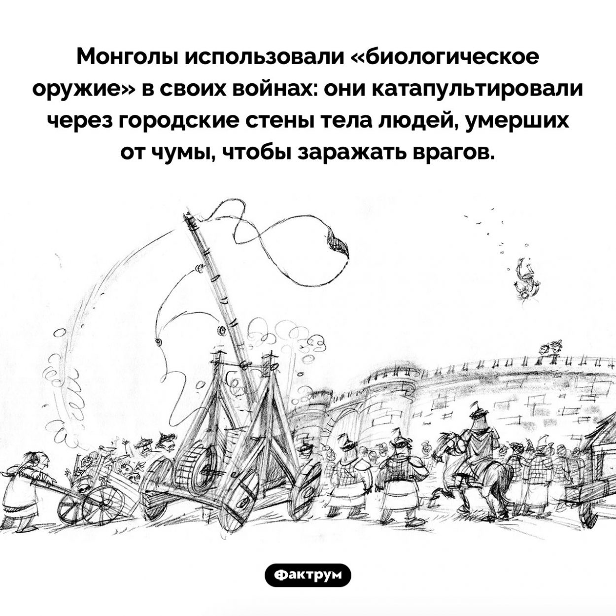 «Биологическое оружие» монголов. Монголы использовали «биологическое оружие» в своих войнах: они катапультировали через городские стены тела людей, умерших от чумы, чтобы заражать врагов.