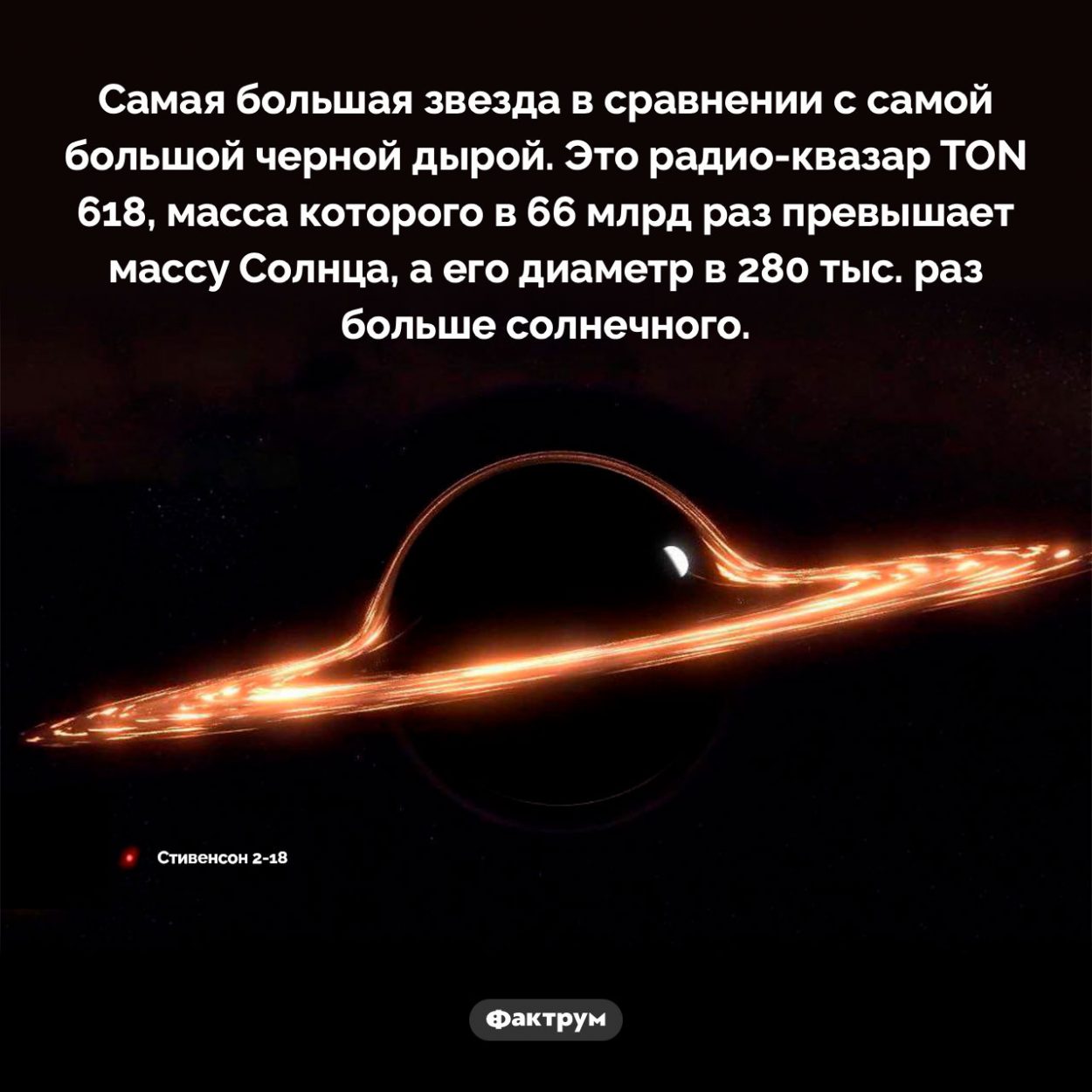 Самая большая звезда в сравнении с самой большой черной дырой. Самая большая звезда в сравнении с самой большой черной дырой. Это радио-квазар TON 618, масса которого в 66 млрд раз превышает массу Солнца, а его диаметр в 280 тыс. раз больше солнечного.