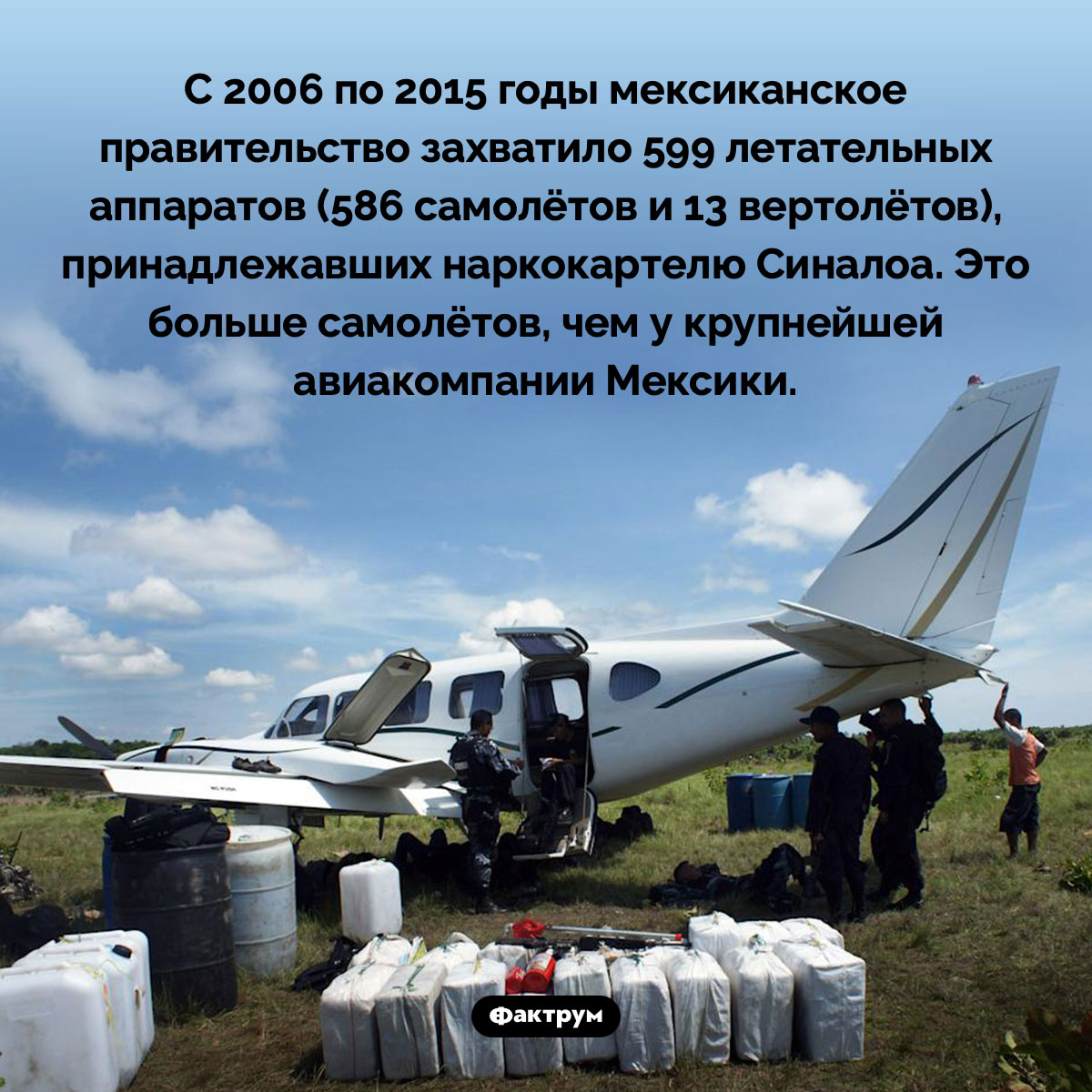 Мексиканское правительство захватило 599 летательных аппаратов, принадлежавших наркокартелю Синалоа. С 2006 по 2015 годы мексиканское правительство захватило 599 летательных аппаратов (586 самолётов и 13 вертолётов), принадлежавших наркокартелю Синалоа. Это больше самолётов, чем у крупнейшей авиакомпании Мексики.