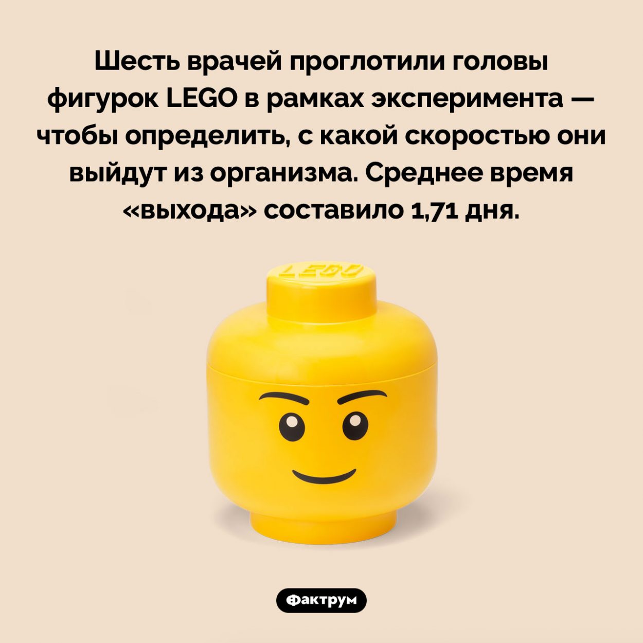 С какой скоростью LEGO выходит из организма. Шесть врачей проглотили головы фигурок LEGO в рамках эксперимента — чтобы определить, с какой скоростью они выйдут из организма. Среднее время «выхода» составило 1,71 дня.