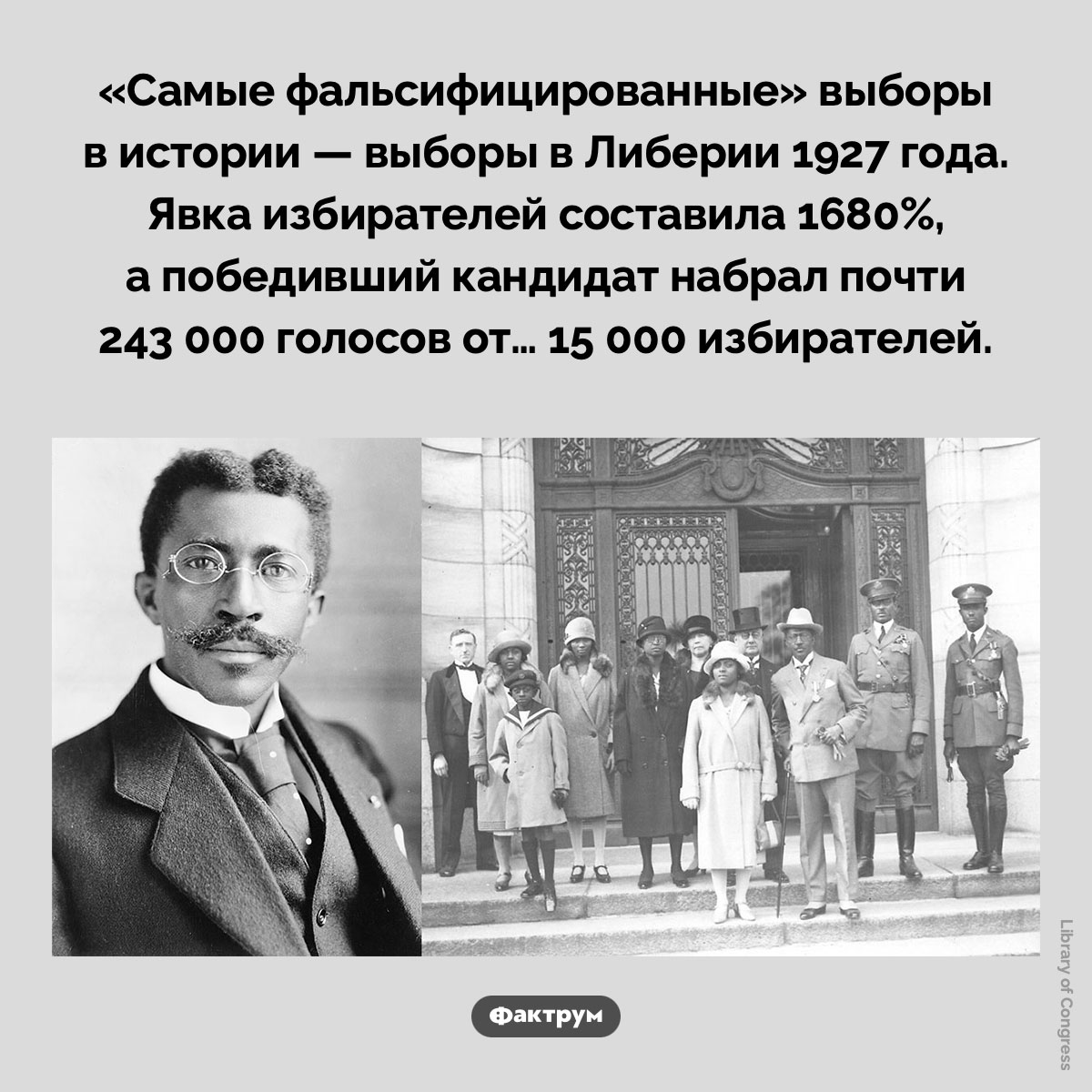 «Самые фальсифицированные» выборы прошли в Либерии в 1927 году. «Самые фальсифицированные» выборы в истории — выборы в Либерии 1927 года. Явка избирателей составила 1680%, а победивший кандидат набрал почти 243 000 голосов от… 15 000 избирателей.