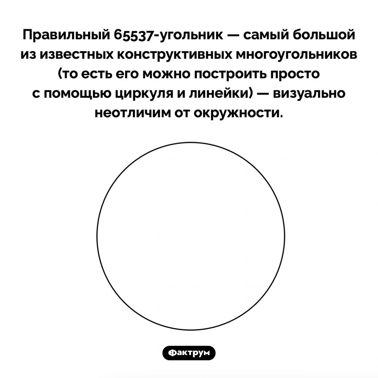 Чем знаменит правильный 65537-угольник. Правильный 65537-угольник — самый большой из известных конструктивных многоугольников (то есть его можно построить просто с помощью циркуля и линейки) — визуально неотличим от окружности.