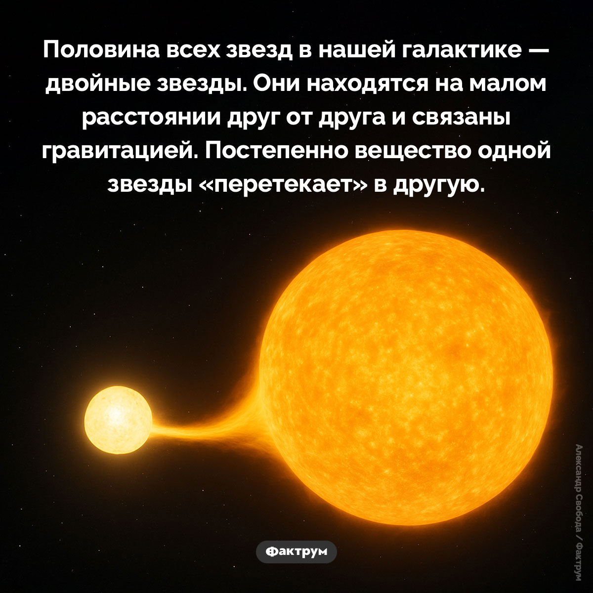 Двойные звёзды. Половина всех звезд в нашей галактике — двойные звезды. Они находятся на малом расстоянии друг от друга и связаны гравитацией. Постепенно вещество одной звезды «перетекает» в другую.