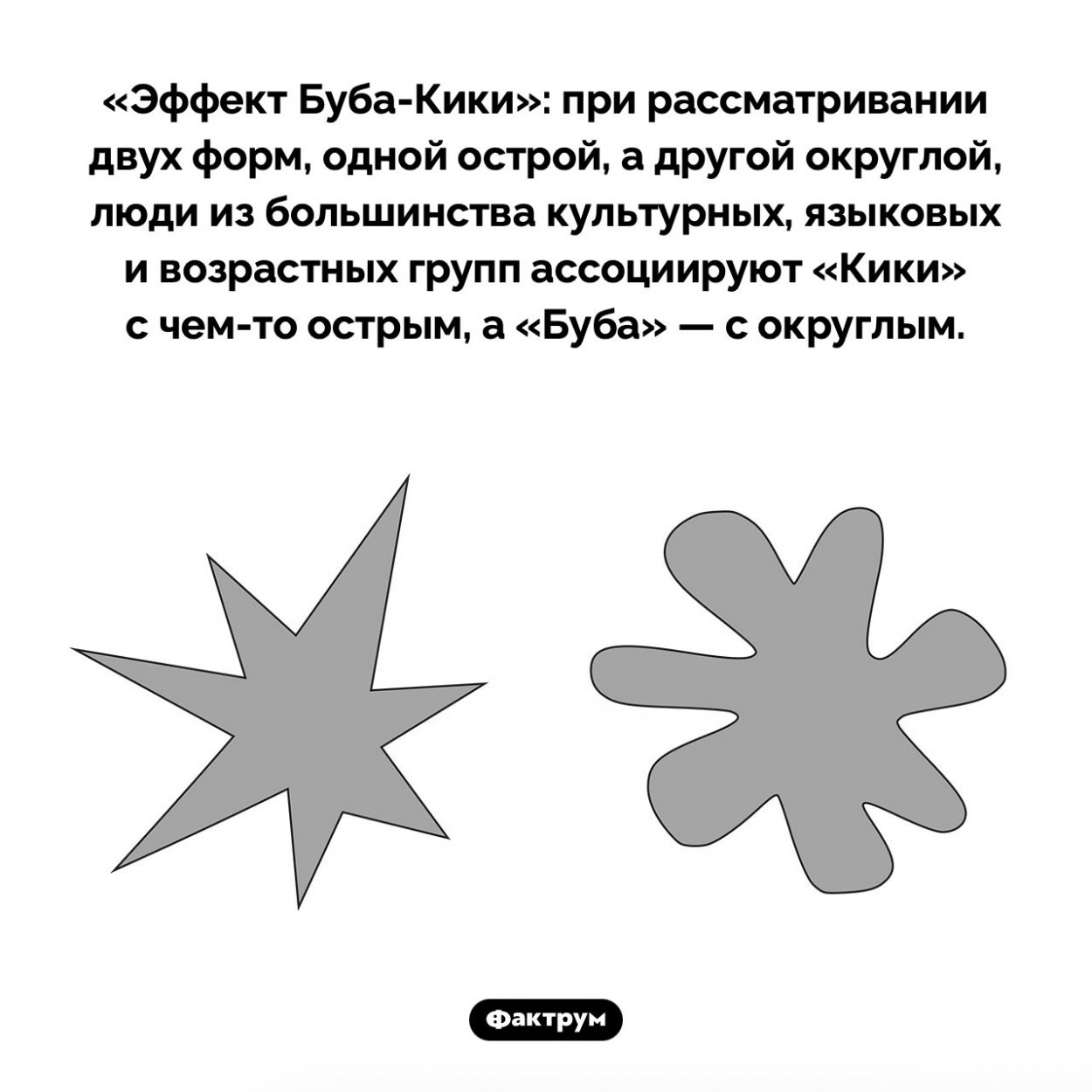 Эффект Буба-Кики. «Эффект <nobr>Буба-Кики</nobr>»: при рассматривании двух форм, одной острой, а другой округлой, люди из большинства культурных, языковых и возрастных групп ассоциируют «Кики» с <nobr>чем-то</nobr> острым, а «Буба» — с округлым.