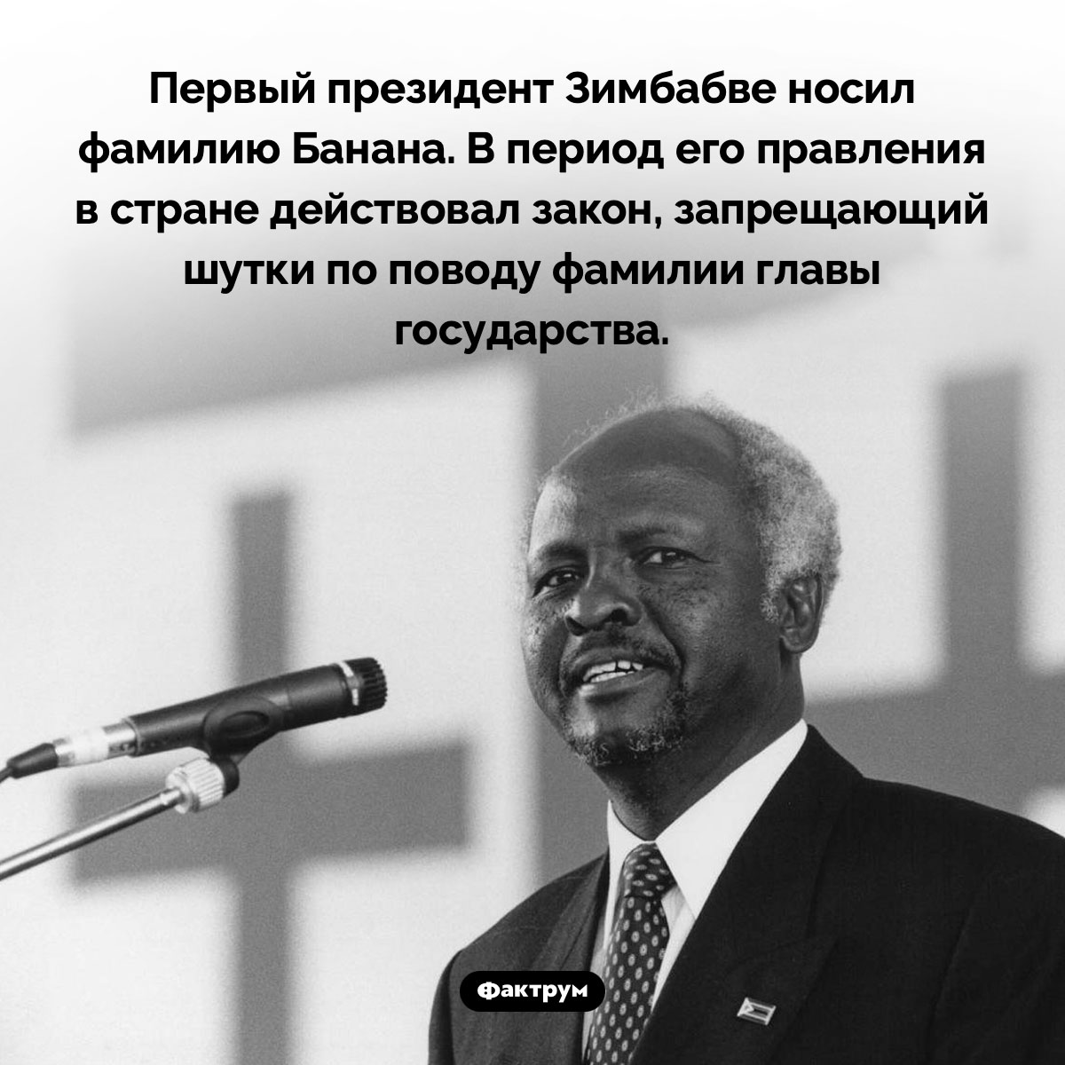 Первый президент Зимбабве носил фамилию Банана. Первый президент Зимбабве носил фамилию Банана. В период его правления в стране действовал закон, запрещающий шутки по поводу фамилии главы государства.
