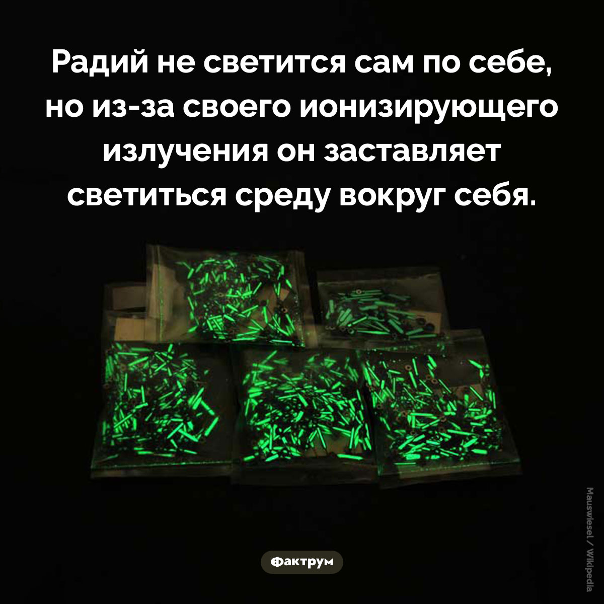 Радий не светится. Радий не светится сам по себе, но из-за своего ионизирующего излучения он заставляет светиться среду вокруг себя.