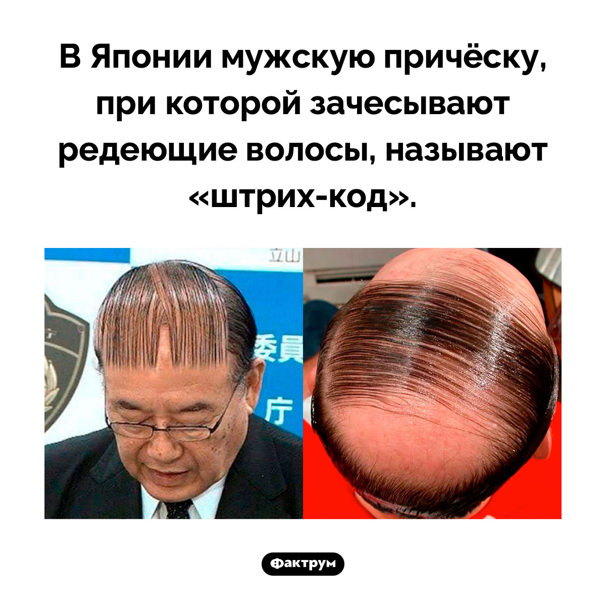 Причёска «штрих-код». В Японии мужскую причёску, при которой зачесывают редеющие волосы, называют <nobr>«штрих-код»</nobr>.