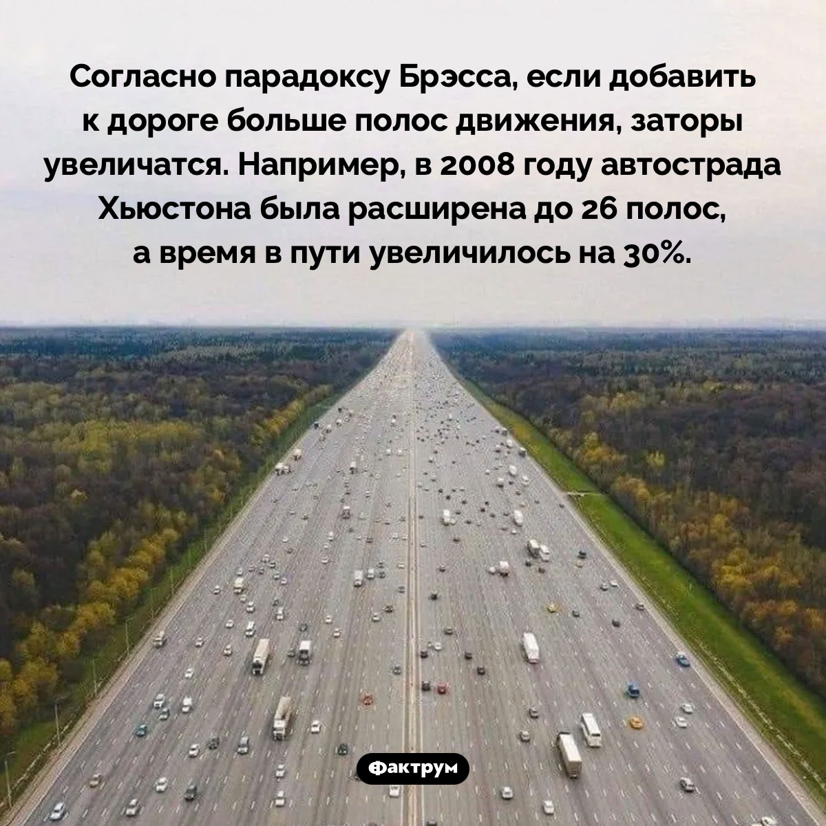 Парадокс Брэсса. Согласно парадоксу Брэсса, если добавить к дороге больше полос движения, заторы увеличатся. Например, в 2008 году автострада Хьюстона была расширена до 26 полос, а время в пути увеличилось на 30%.