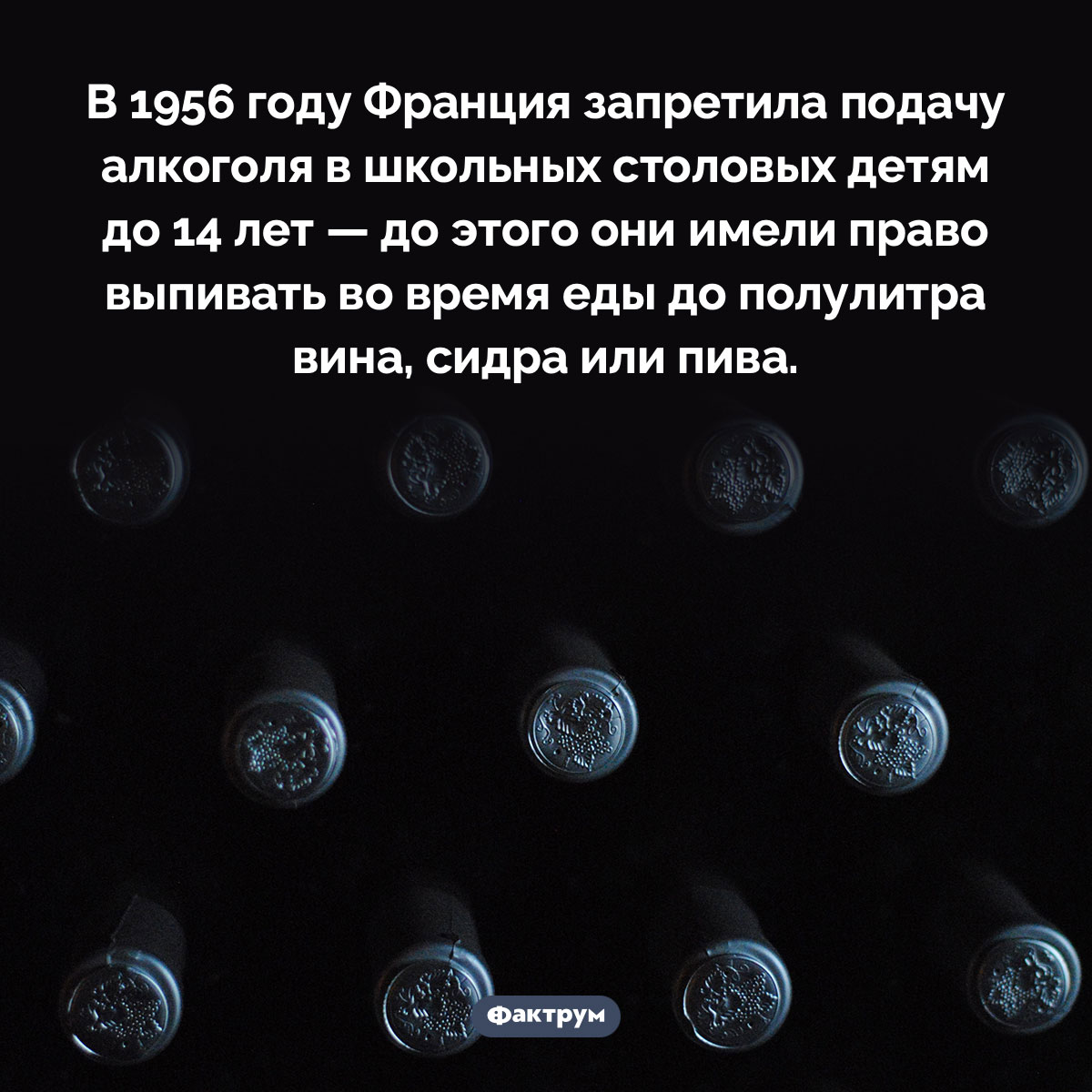 Французским детям было разрешено выпивать в школьных столовых. В 1956 году Франция запретила подачу алкоголя в школьных столовых детям до 14 лет — до этого они имели право выпивать во время еды до полулитра вина, сидра или пива.