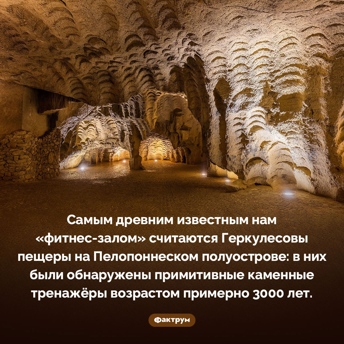 Самый древний фитнес-зал. Самым древним известным нам «фитнес-залом» считаются Геркулесовы пещеры на Пелопоннеском полуострове: в них были обнаружены примитивные каменные тренажёры возрастом примерно 3000 лет.