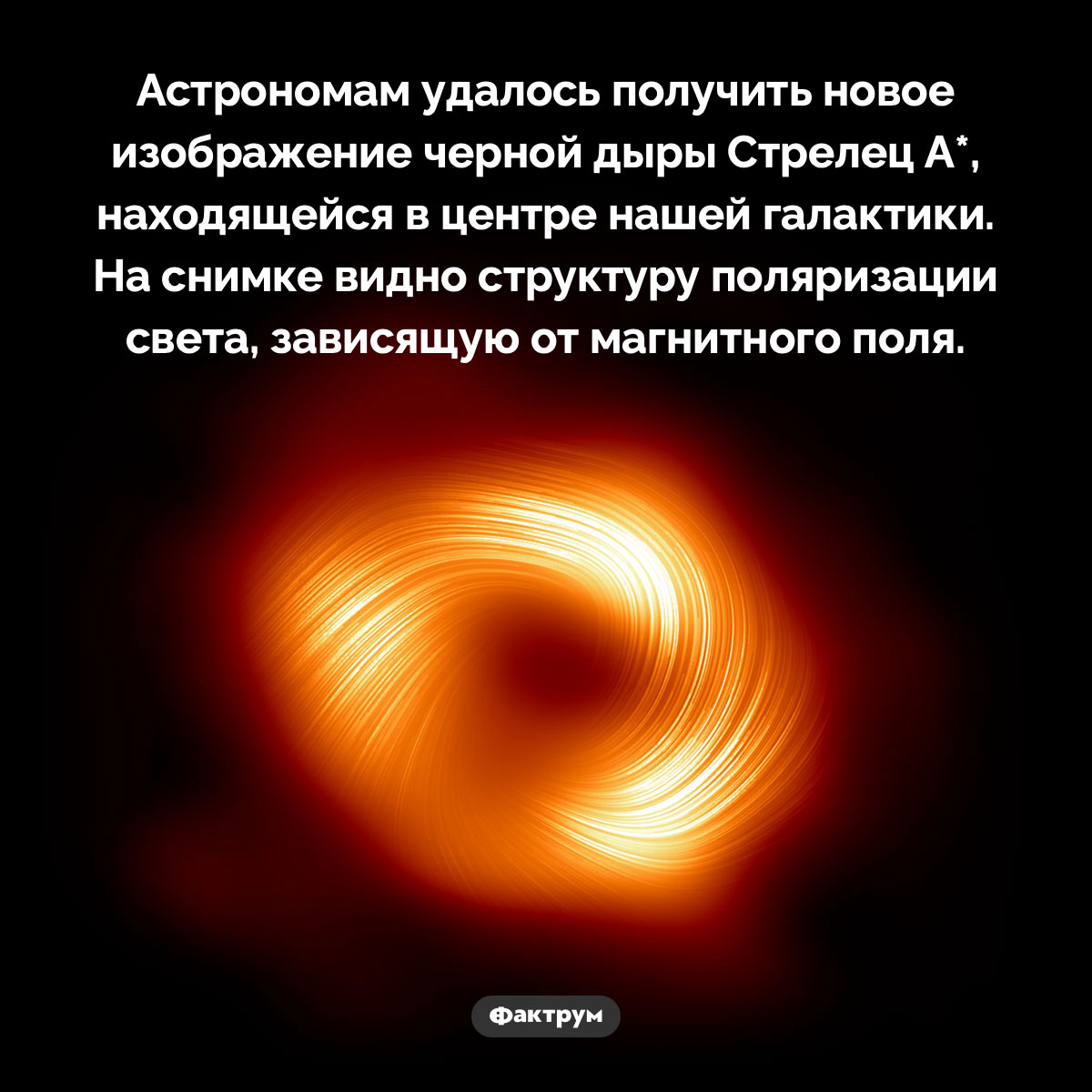 Новый снимок черной дыры Стрелец А* . Астрономам удалось получить новое изображение черной дыры Стрелец А*, находящейся в центре нашей галактики. На снимке видно структуру поляризации света, зависящую от магнитного поля.