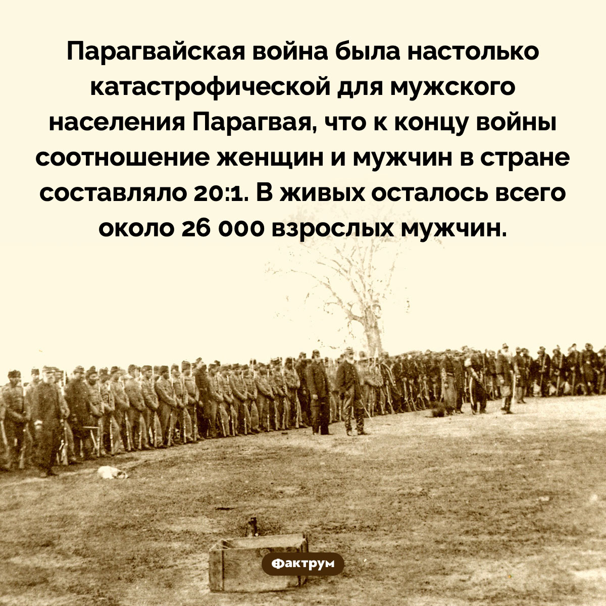 Сколько парагвайских мужчин погибло во время Парагвайской войны. Парагвайская война была настолько катастрофической для мужского населения Парагвая, что к концу войны соотношение женщин и мужчин в стране составляло 20:1. В живых осталось всего около 26 000 взрослых мужчин.