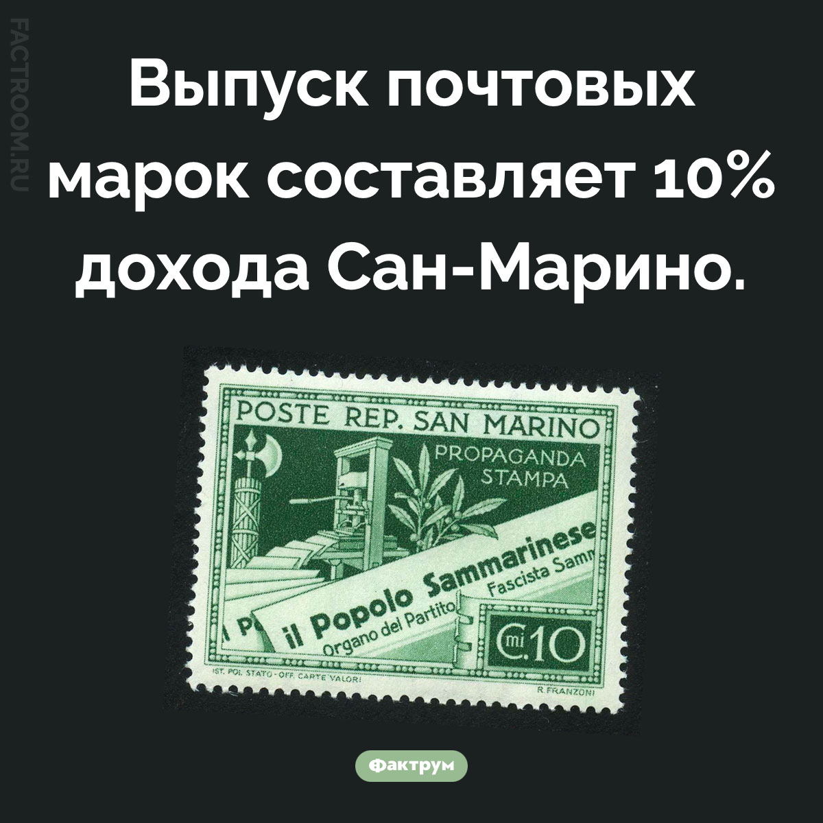 Сан-маринский бизнес. Выпуск почтовых марок составляет 10% дохода Сан-Марино.