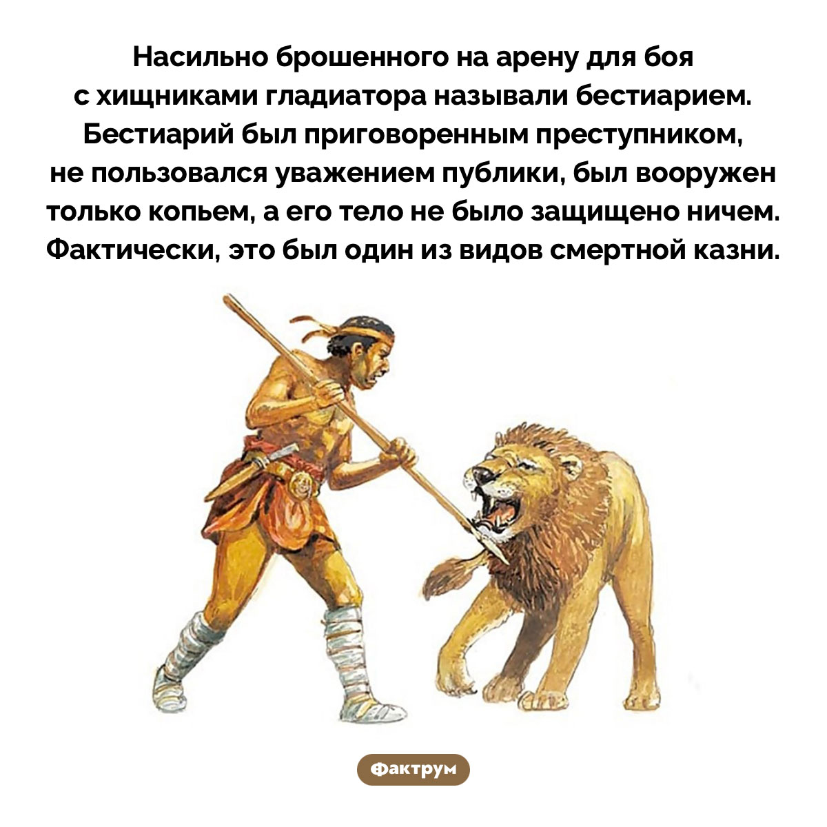 Кто такие бестиарии. Насильно брошенного на арену для боя с хищниками гладиатора называли бестиарием. Бестиарий был приговоренным преступником, не пользовался уважением публики, был вооружен только копьем, а его тело не было защищено ничем. Фактически, это был один из видов смертной казни.