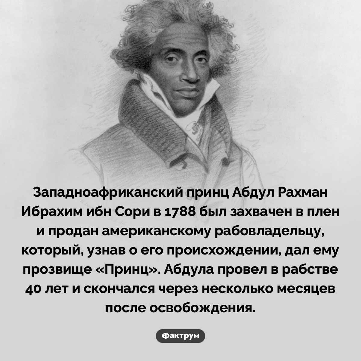Принц-раб. Западноафриканский принц Абдул Рахман Ибрахим ибн Сори в 1788 был захвачен в плен и продан американскому рабовладельцу, который, узнав о его происхождении, дал ему прозвище «Принц». Абдула провел в рабстве 40 лет и скончался через всего несколько месяцев после освобождения.