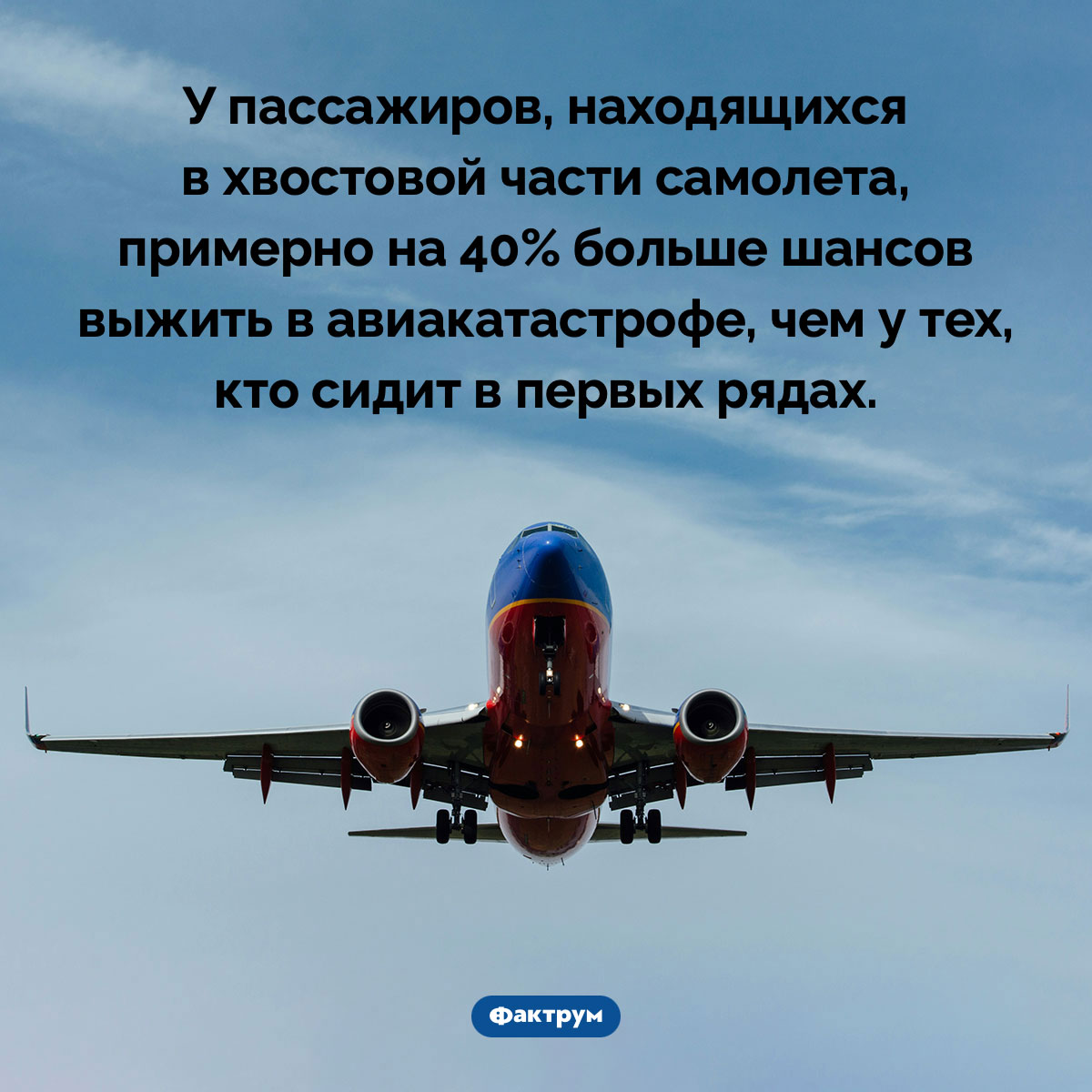 Самая безопасная часть самолета в случае авиакатастрофы. У пассажиров, находящихся в хвостовой части самолета, примерно на 40% больше шансов выжить в авиакатастрофе, чем у тех, кто сидит в первых рядах.