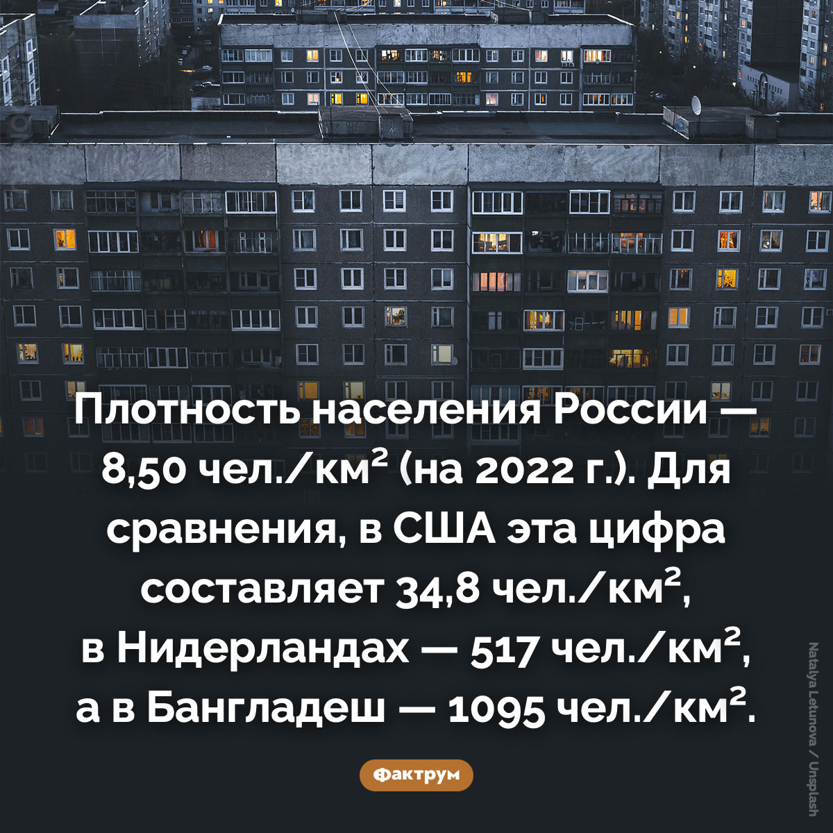 Плотность населения России. Плотность населения России — 8,50 чел./км² (на 2022 г.). Для сравнения, в США эта цифра составляет 34,8 чел./км², в Нидерландах — 517 чел./км², а в Бангладеш — 1095 чел./км².