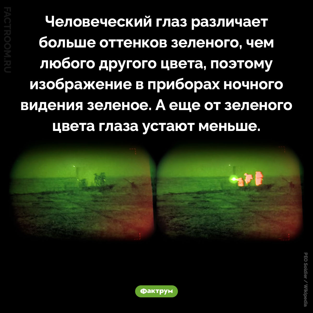 Почему изображение в приборе ночного видения зеленое. Человеческий глаз различает больше оттенков зеленого, чем любого другого цвета, поэтому изображение в приборах ночного видения зеленое. А еще от зеленого цвета глаза устают меньше.