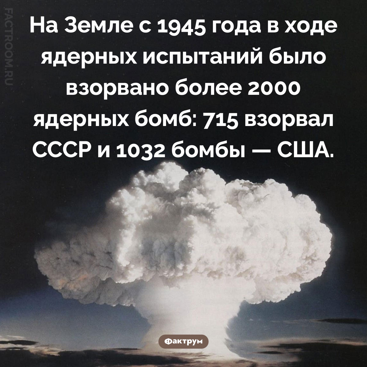 Человечество взорвало более 2000&nbsp;ядерных бомб. На Земле с 1945 года в ходе ядерных испытаний было взорвано более 2000 ядерных бомб: 715 взорвал СССР и 1032 бомбы — США.